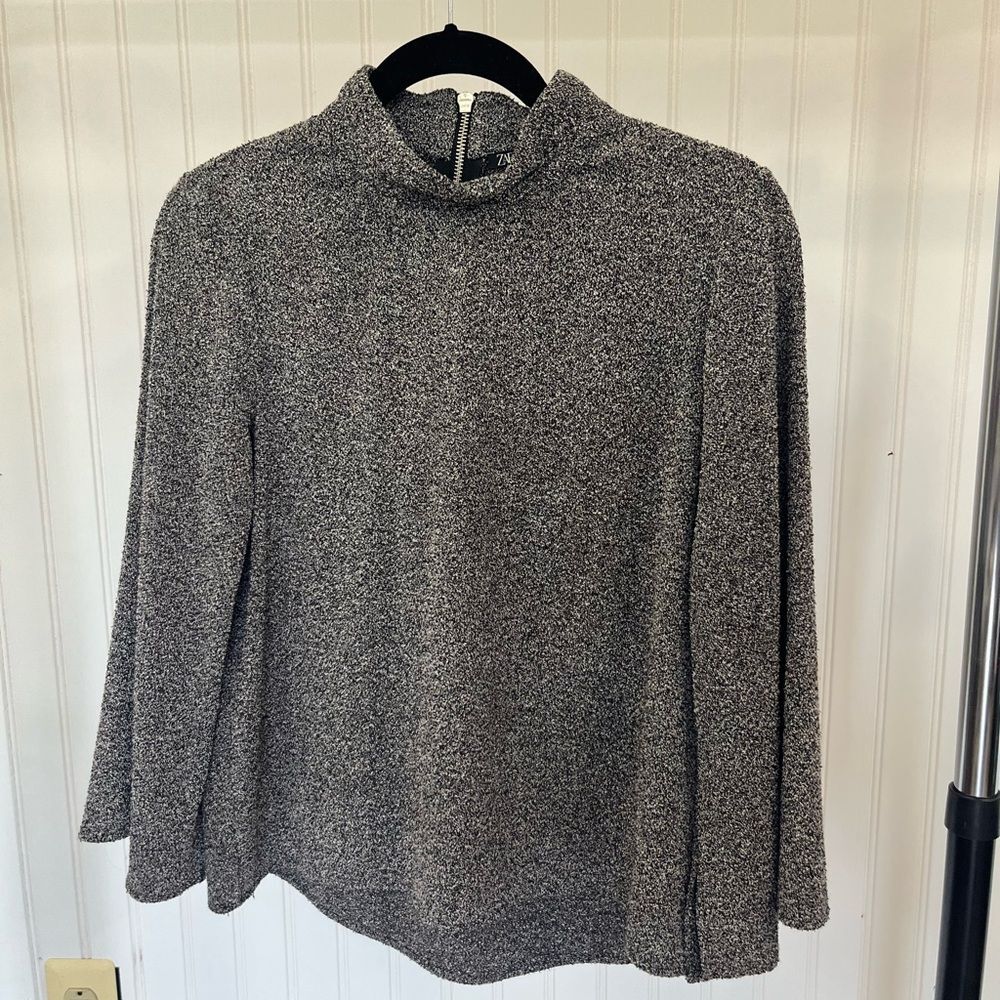 Zara Charcoal textured mock neck bell sleeve  blouse